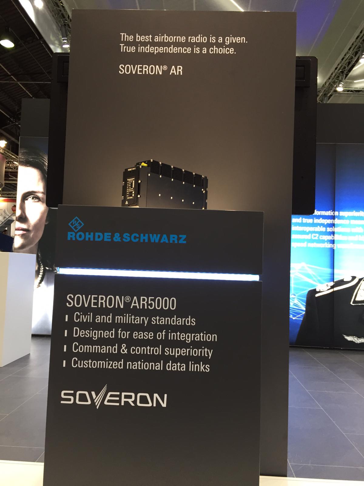 Rohde & Schwarz’ SOVERON AR brings the latest generation of software defined airborne radios (SDAR) and network-capable waveforms to the skies and to Paris Air Show. SOVERON AR offers wideband and secure voice and data communications for network centric operations and thanks to the radio's innovative technology, users can achieve information superiority during operations at a frequency range of 30-512 megahertz (MHz).